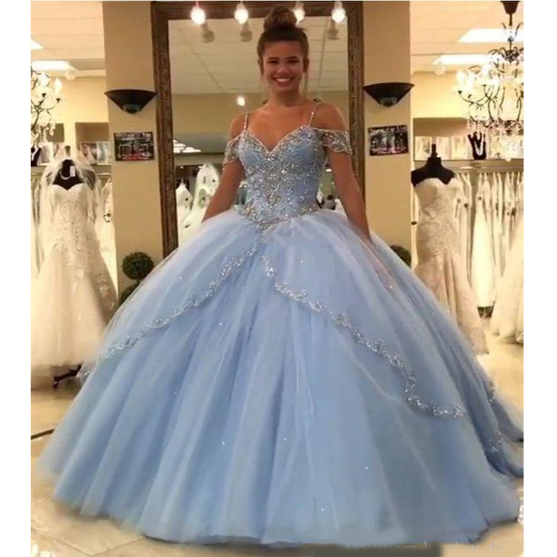 Light Sky Blue Ball Gown Quinceanera Dresses Cap Sleeves Spaghetti Beading Crystal Princess Prom Party Dresses For Sweet 16 Girls