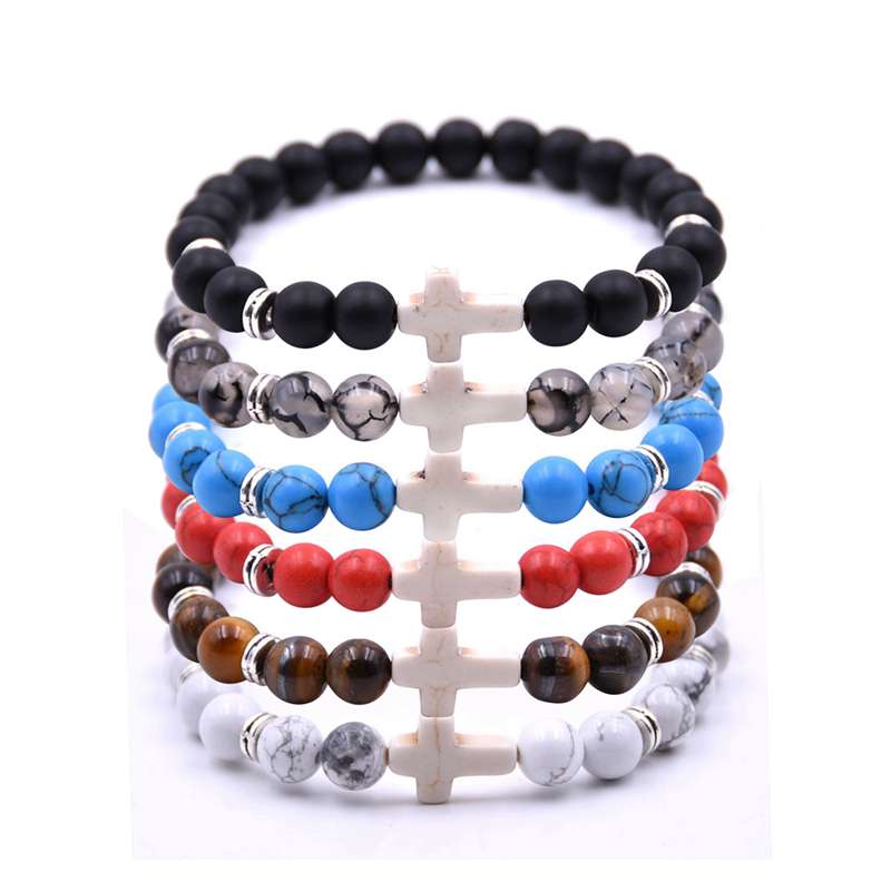 Cross Stone Jewelry Bracelet Retro Round Beaded Strands Charm Stones Stretch Unisex Gift