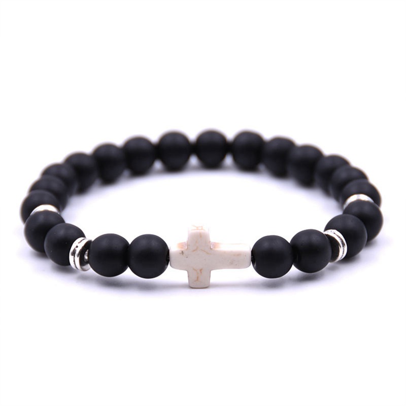 Cross Stone Jewelry Bracelet Retro Round Beaded Strands Charm Stones Stretch Unisex Gift