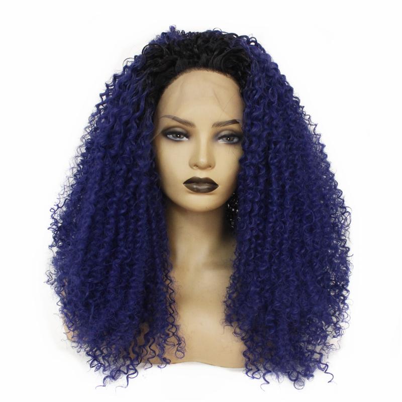 

Dark Roots Afro Kinky Curly Hair Glueless High Temperature Fiber Hair Ombre Blue Synthetic Lace Front Wigs For Black Women, Ombre blonde