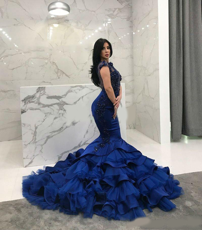 Arabic Blue Mermaid Evening Dresses High Collar Cap Sleeve Tiered Sweep Train Appliques Beads Crystal Women Celebrity Dress robes de soirée