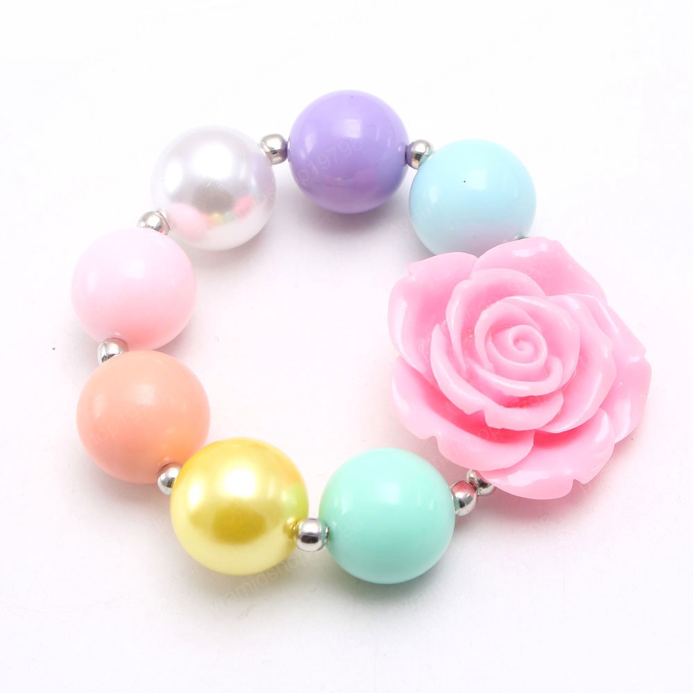 Adorable Candy Color Chunky Beads Necklace Bracelet With Rose Flower Kids Girls Child Chunky Beaded Jewelry Set Colorful