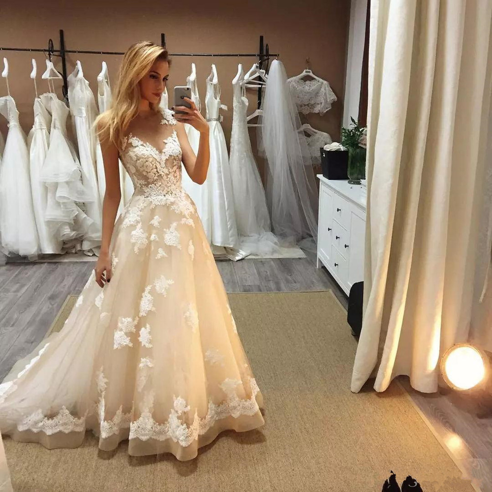 2020 New Gorgeous Champagne Lace Wedding Dresses A Line Sheer Jewel Neck Appliques Bridal Gowns Floor Length Wedding Dress Robe De Mariage