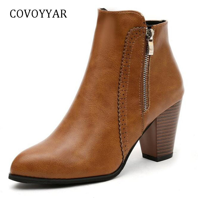 COVOYYAR Hot 2019 Retro Vintage Block Heel Ankle Boots Side Zipper High Heels Women Shoes Big Sizes 35-43 WBS1010 Y200114