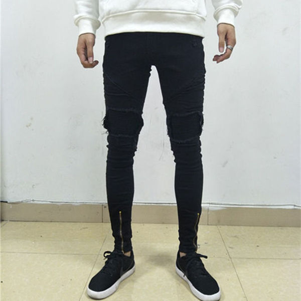 Men's Jeans Biker Knee Protection Designer Black Men Casual Male Trousers Skinny Motorcycle High Quality Side Pants