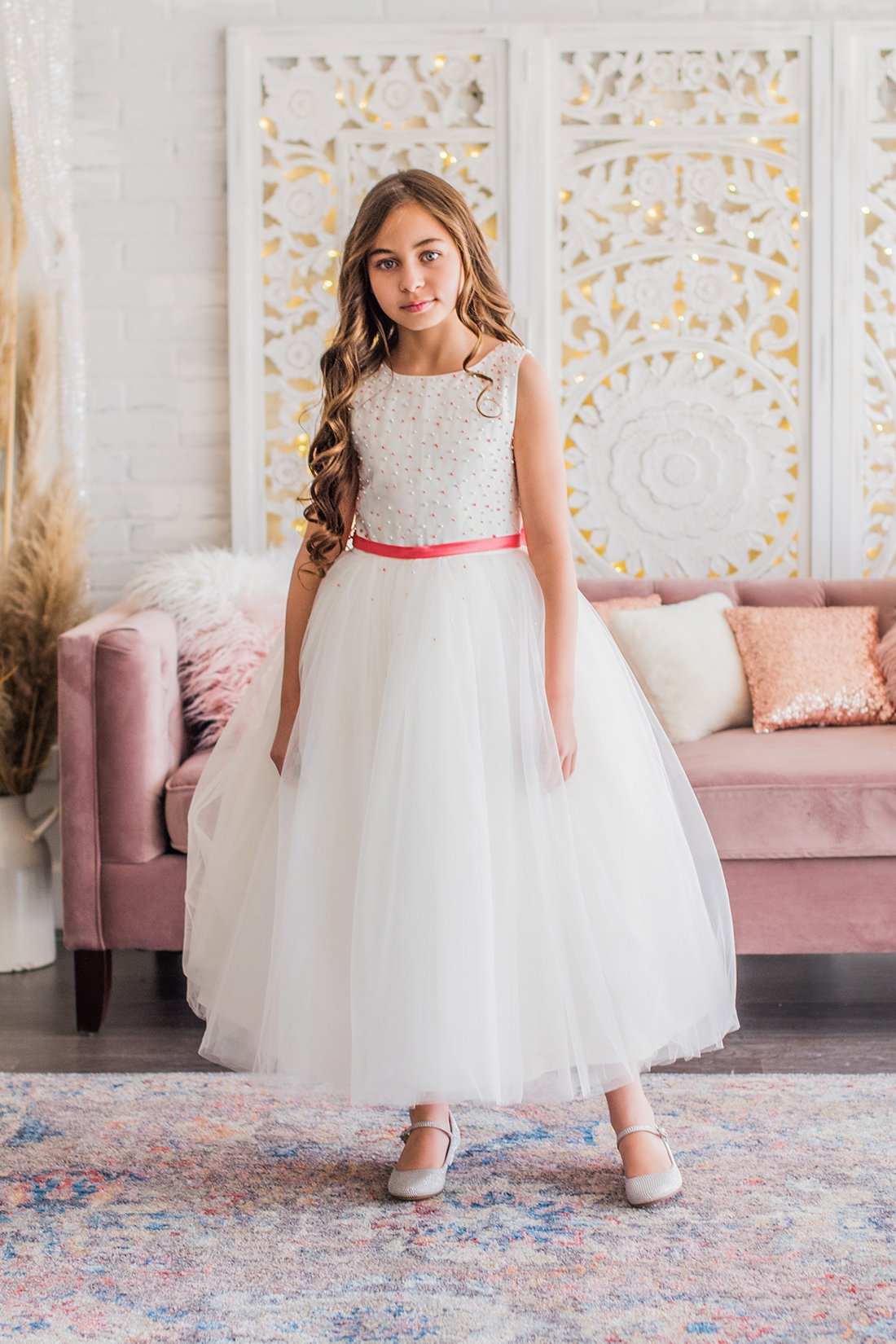 Lovely Ball Gown Flower Girl Jewel Neck Sleeveless Tulle Lace Pearls Ruched Wedding Dress Ankle Length Girl's Birthday Part 0508