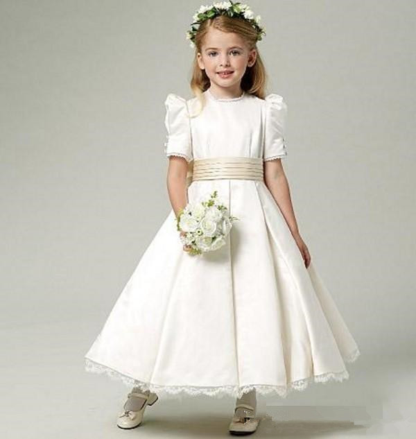 Vintage boho Flower Girl Dress Jewel Neck Ankle Length Bubble Short Sleeves Lace Hemline Ivory Satin Flower Girl Dresses