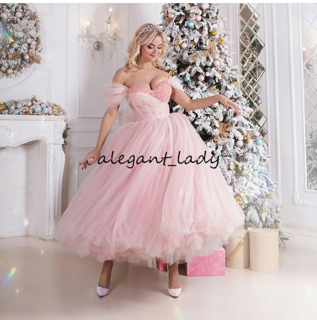 tealength pink prom formal dresses off shoulder beaded pearls arabic dubai style occasion evening dress wear