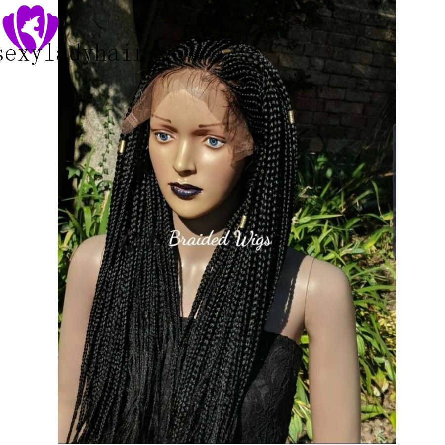 Synthetic lace front wig black/dark brown micro braided wig with for American women heat resistant fiber box braid wig glueless