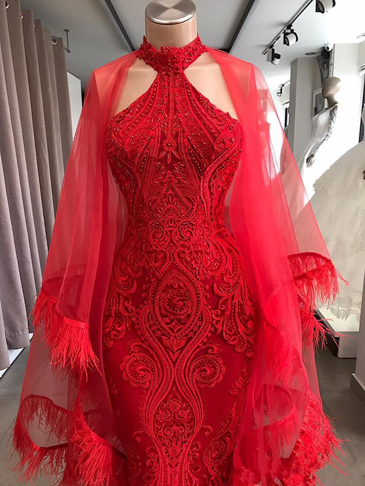 African Red Feather Mermaid Prom Dresses With Wrap High Neck Lace Appliqued Beads Party Gowns Vestidos Special Occasion Dresses Evening Wear
