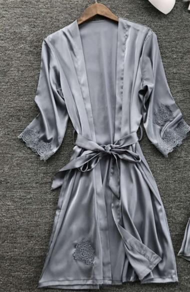 Sexy & Gown Sets Lace Bathrobe + Night Dress Sleepwear Womens Sleep Clothing Faux Silk Robe Femme Gerie B1