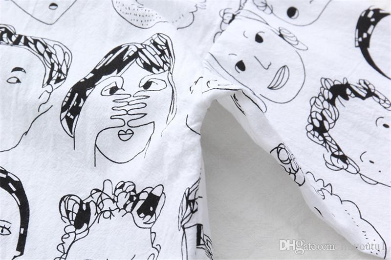 2020 Women's Black and White Patterned Blouse Single Breasted Blouse Casual Long Sleeve Shirt Female Cartoon Cotton Tops