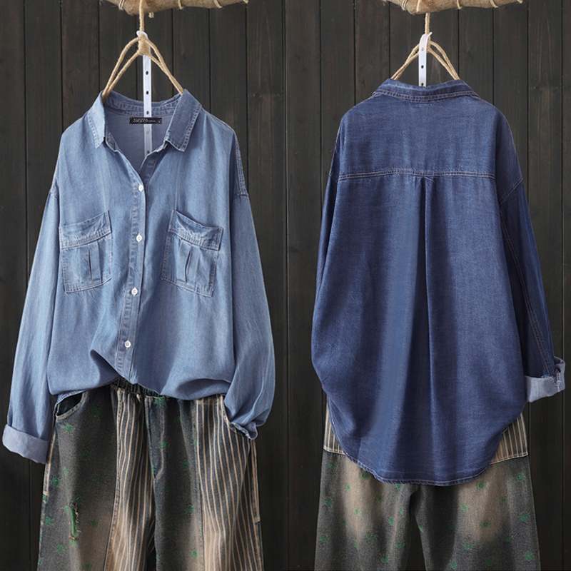 Women Tops and Blouses Ladies Office Work Shirts Casual Loose Long Sleeve Denim Blue Tops Lapel Tunic Blusas Plus Size T200321