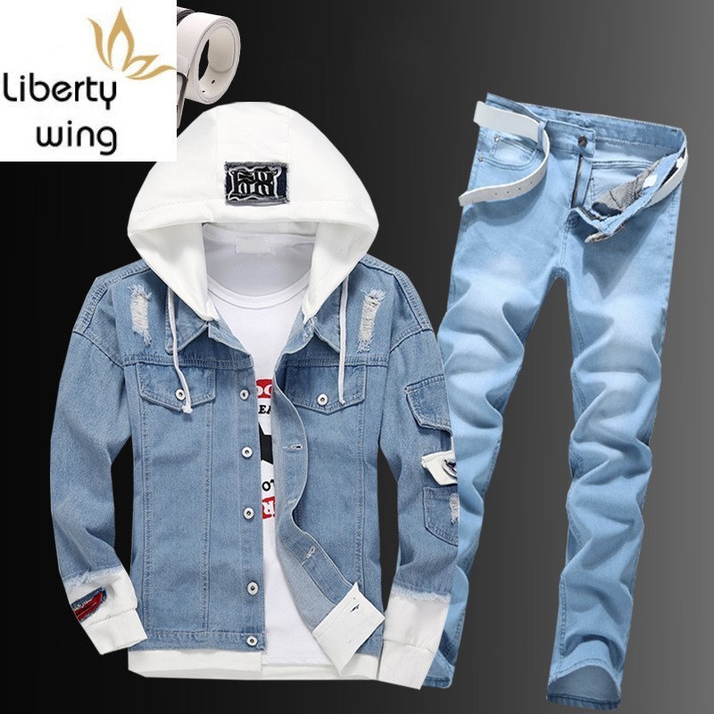 Casual Men's Tracksuits Hooded Cowboy Jacket Zipper Jeans Two Piece Set Plus Size Street Single Breasted Hole Ripped Blue Denim Coat Suit, Gray
Casual Men's Tracksuits Hooded Cowboy Jacket Zipper Jeans Two Piece Set Plus Size Street Single Breasted Hole Ripped Blue Denim Coat Suit, Gray