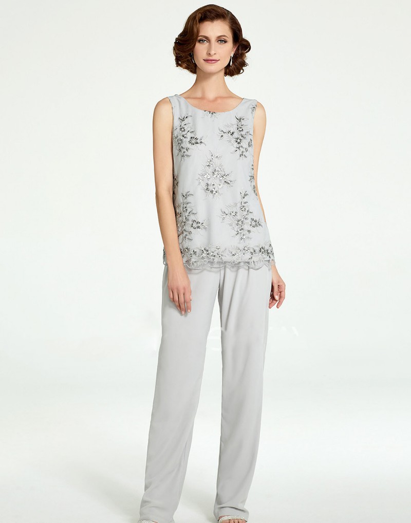 New 2019 Pant Suits Long Mother Of The Bride Dresses Cheap Appliqued Pantsuits Beach Wedding Guest Dress With Jacket Groom Mother Outfit