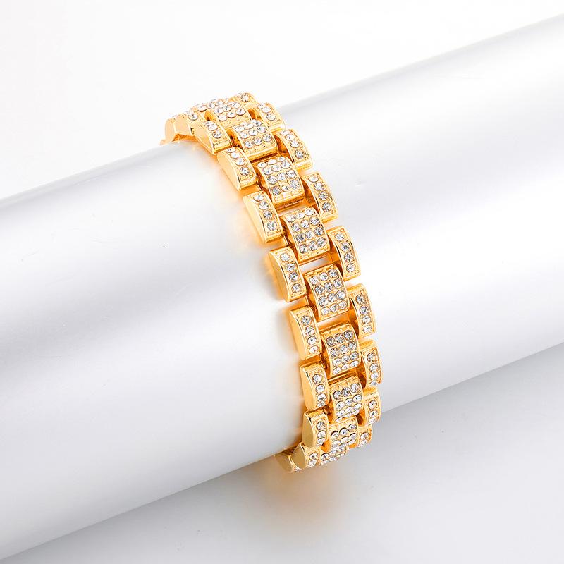 Full Diamond Mens Watch Band Bracelet 18k Gold Bling Rhinestone Hip Hop Iced Out Bangle Bracelets Rapper Chains Wristband Luxury Jewelry Gifts for Guy