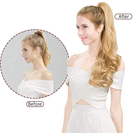 Honey blonde curly Wrap Around Clip on Ponytail Extension Hairpiece for Women Curly Hair 16 Inch