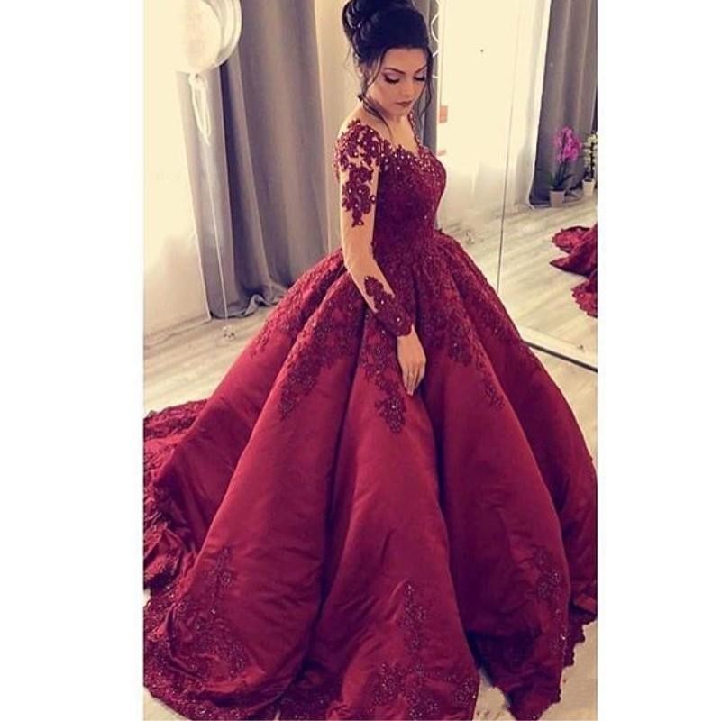 New Sexy Elegant Bury Prom Dresses V Neck Lace Appliques Beaded Long Sleeves Sweep Train Ball Gown Plus Size Custom Party Evening Gowns