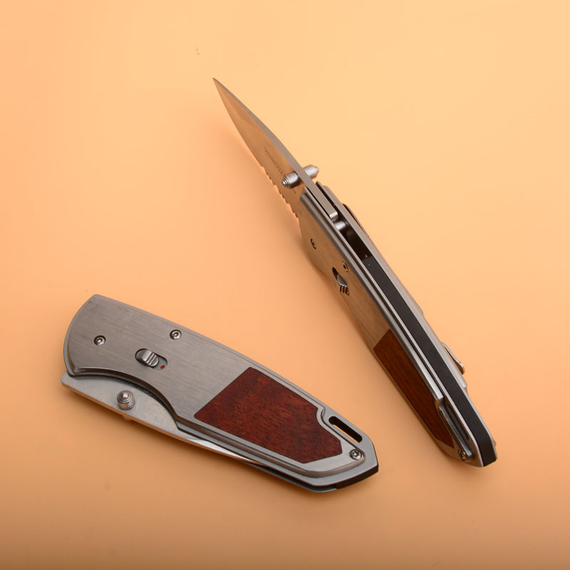 High Quality Survival Folder Knife 440C Half Serrated Satin Blade Wood + Steel Handle EDC Pocket Folding Knives
