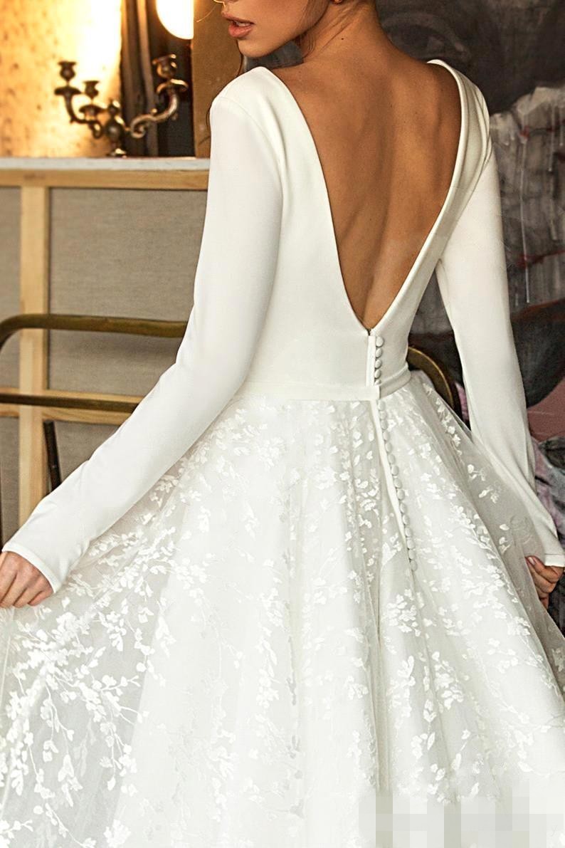 Modest V Neck Dresses Ral Lace Applique Long Sleeves Plunging Custom Made Wedding Bridal Gown Vestido De Novia Estido