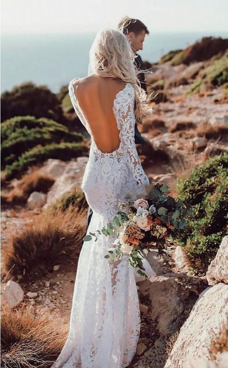 Full Open Back Mermaid Wedding Dresses Lace Long Sleeves Beach Garden Country Church Bride Bridal Gown Custom Made Illustion V Neck 0510