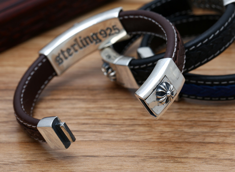 Brand new 925 sterling silver handmade jewelry American European vintage antique silver designer ID bracelets leather band nice gift