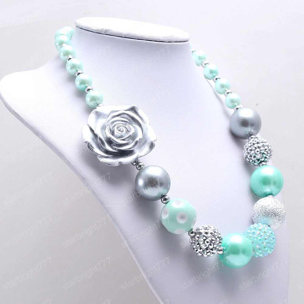 Spring Style Chunky Beads Necklace Child Girls Kids Mint Green Bubblegum Beads Chunky Necklace Fashion Handmade Jewelry