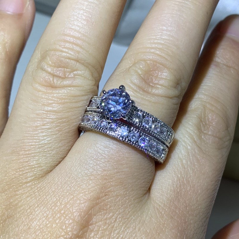 Vintage Jewelry Couple Rings 14KT White Gold Fill Round Cut White Topaz CZ Diamond Gemstones Party Retro Women Wedding Bridal Ring Set Gift