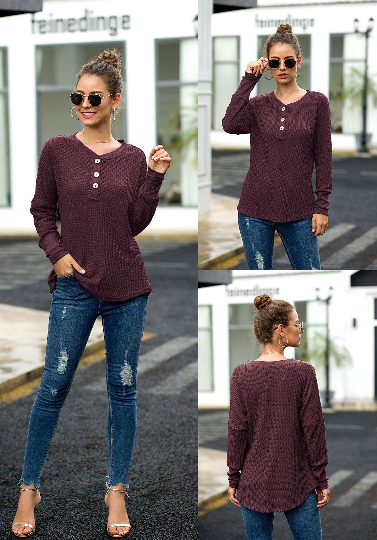 T-Shirt European women's explosion models Henry shirt buckle waffle knit T-shirt support mixed batch