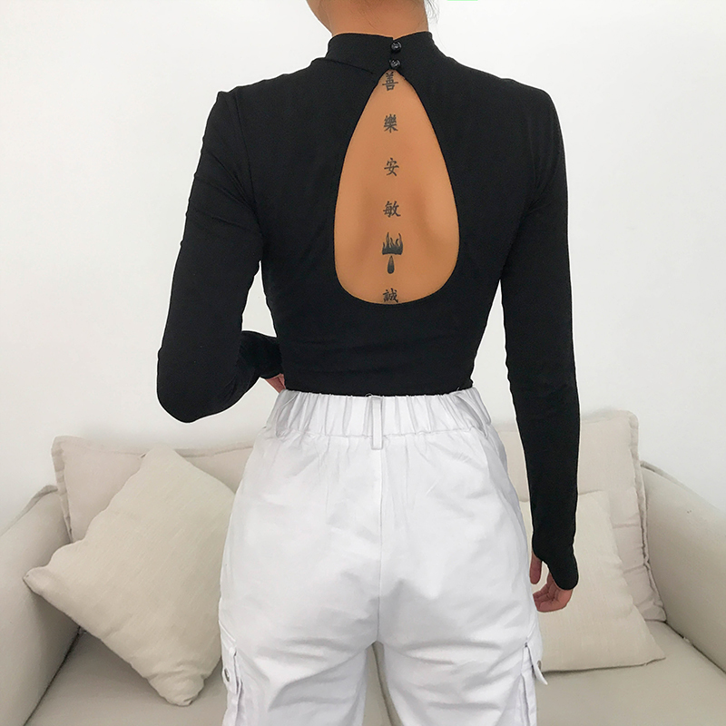 Rapwriter Sexy Backless Letter Embroidery Turtleneck Black Bodysuits Women Fall Winter Long Sleeve Bodycon Fitness Bodysuit