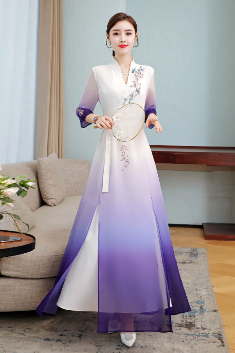 Summer Modern Cheongsam dress Women Ao Dai robe Chinese Long Qipao ethnic clothing Vintage Elegant oriental gown