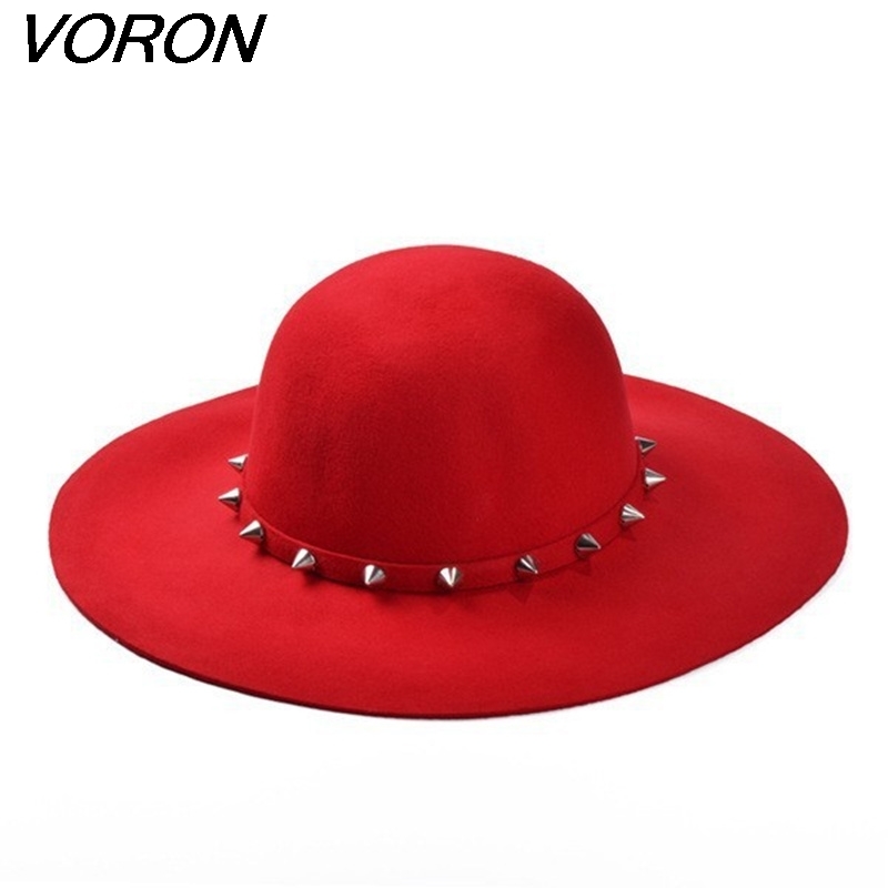 VORON Free Shipping 2017 New Fashion Wine Red /Red /Black Wool Floppy Hats With Studs Big Brim For Women /Ladies LY191228