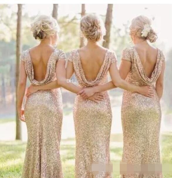 Sparky Rose Gold Sequins Bridesmaid Dresses Short Capped Sleeves Backless Maid Of Honor Gown Plus Size Wedding Guest Party Dress