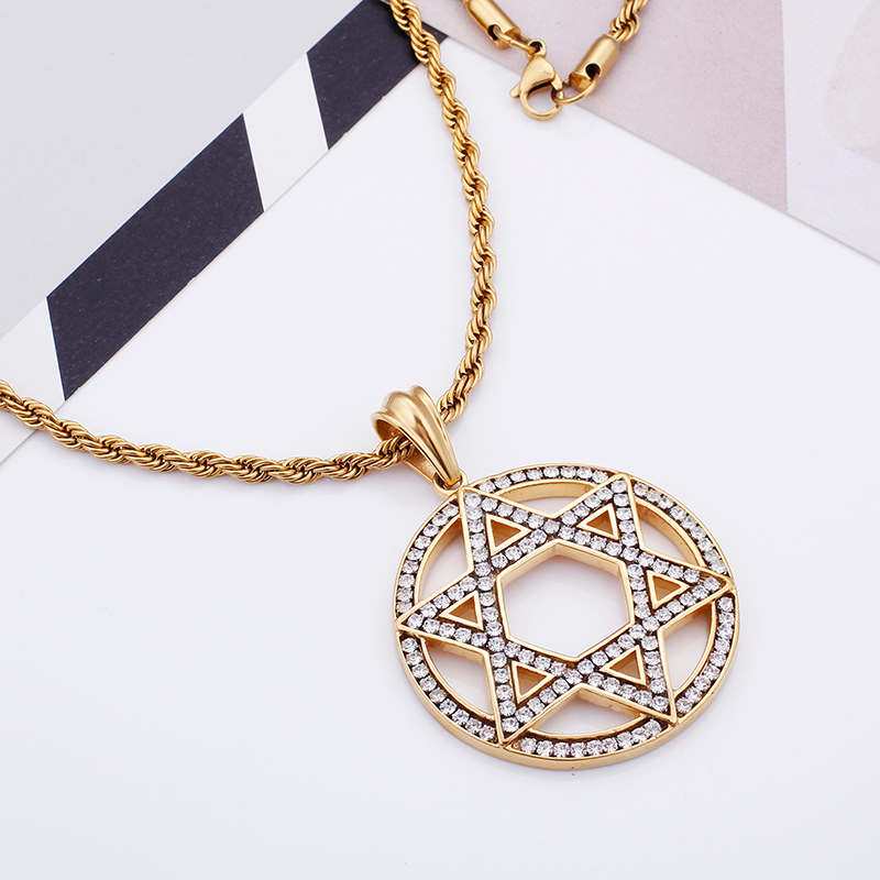 Men's Hip Hop Six-star Pendants Necklace 316L Stainless Steel Full Cubic Zirconia Setting 18K Gold Plated Jewelry