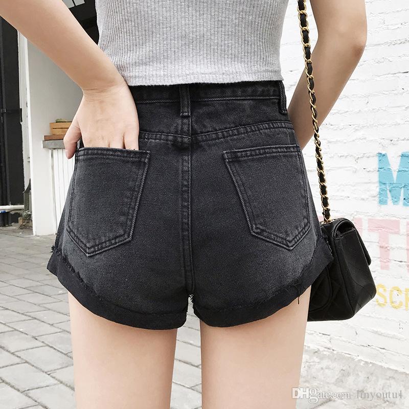 2020 European and American BF summer wind female blue high waist denim shorts women worn loose burr hole jeans shorts