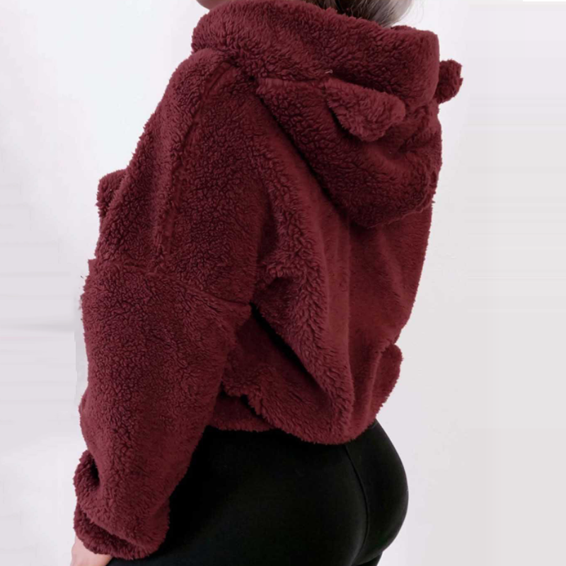 Hoodie Sweatshirt With Ears Crop Top Short Women Long Sleeve Pullovers New White Autumn Winter Plush Warm Ladies Clothing1