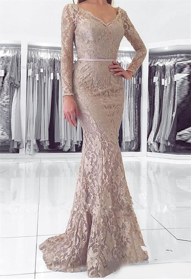 Newest V-neck Long Sleeve Mermaid Prom Dresses 2020 Lace Button Back Satin Long Evening Dresses Party Prom Gowns