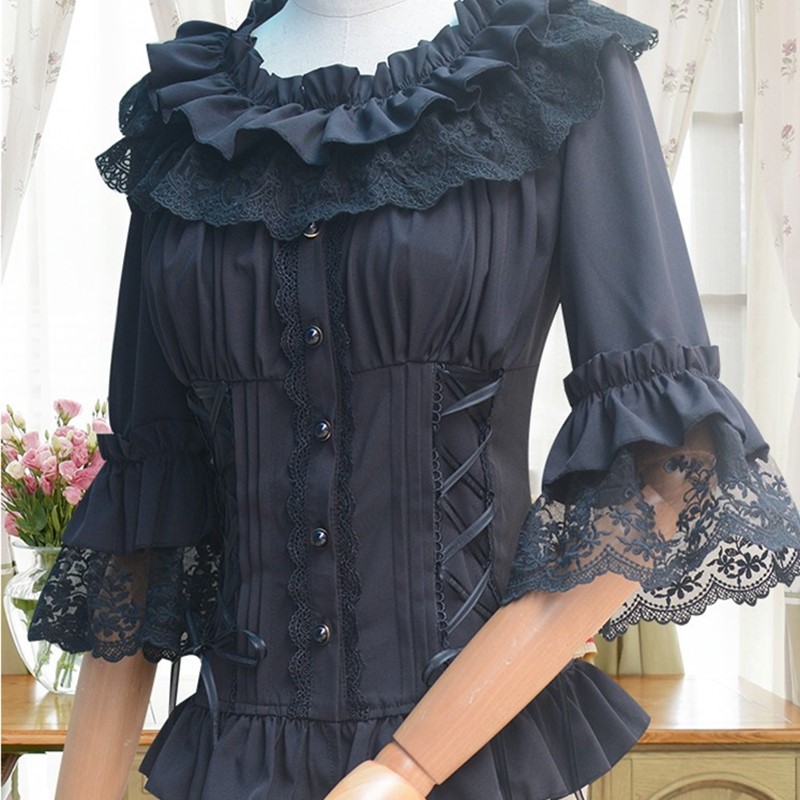 Lolita Women's Chiffon Blouse White Black Half Flare Sleeve with Ruffled Layered Collar Side Lace-up and Lace Accents S-XXL Free Shipment