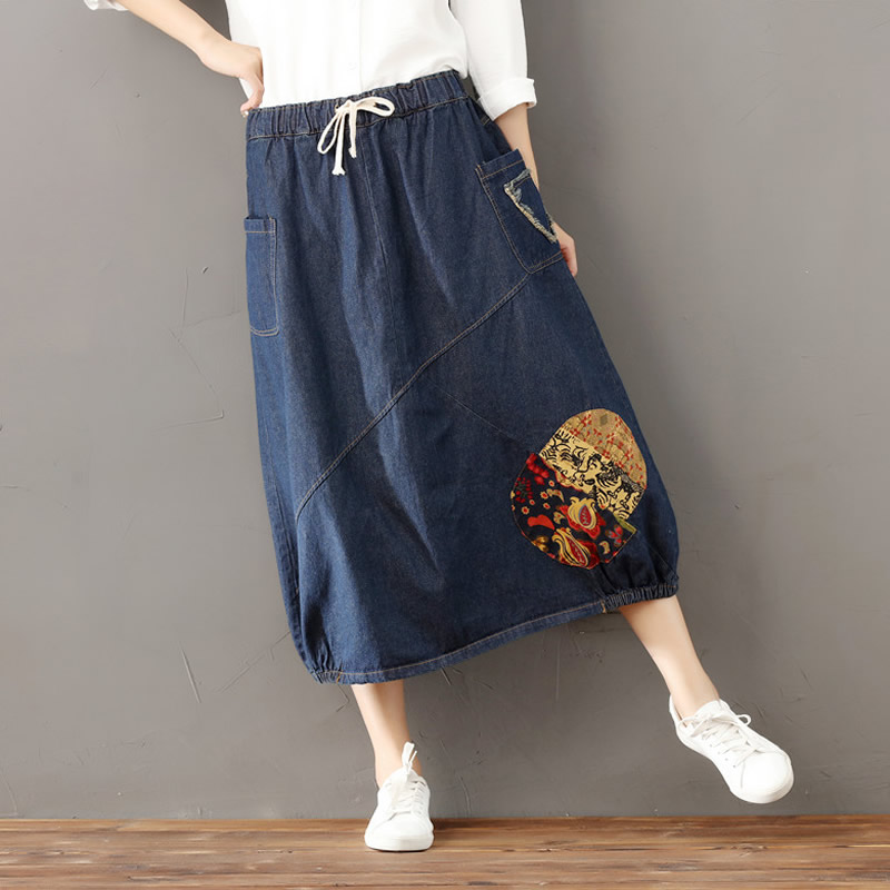 Autumn Ethnic Style Denim Skirt Women Girls Elastic Waist Loose Slim Patch Skirt Vintage Plus Size A-line Jeans Skirts, Black
Autumn Ethnic Style Denim Skirt Women Girls Elastic Waist Loose Slim Patch Skirt Vintage Plus Size A-line Jeans Skirts, Black