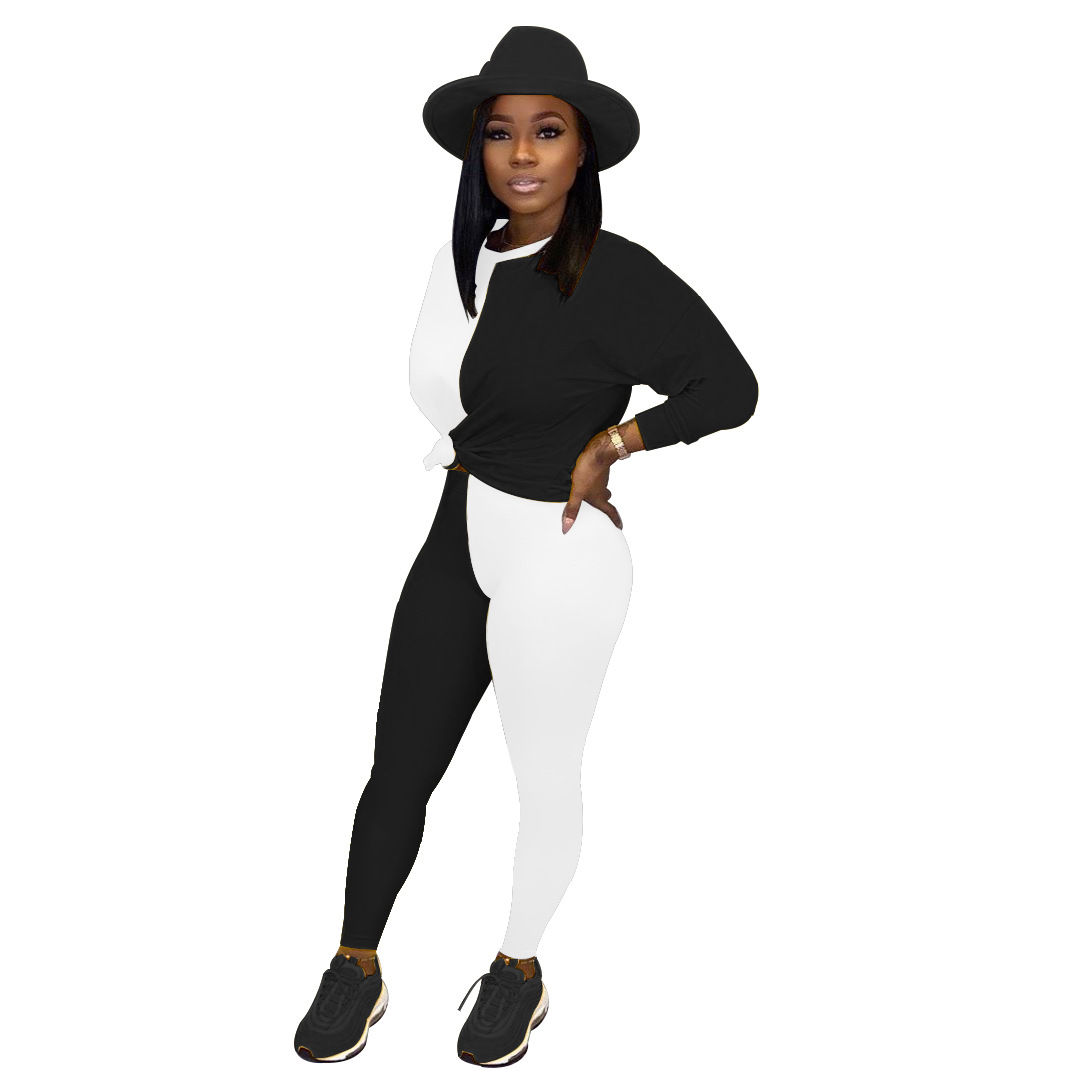 Spot Pants European-style spring and summer fashion round neck long-sleeved casual street solid color comfortable trouser suit