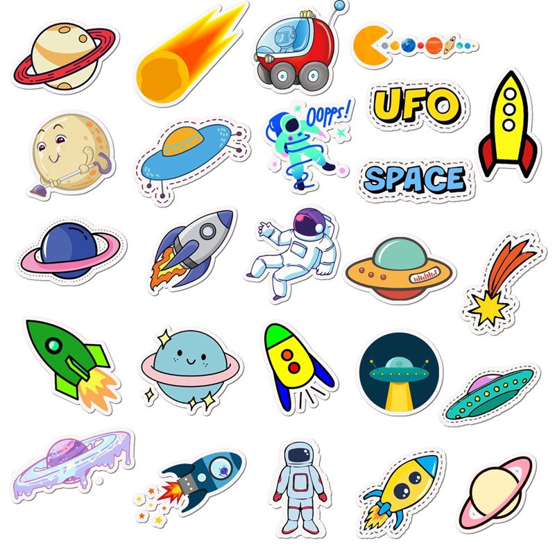 50pcs/Set Cartoon Cute UFO Sticker Pack Stationery Guitar Sticker Small Fresh Hand-Painted Celestial Planet Suitcase Stickers