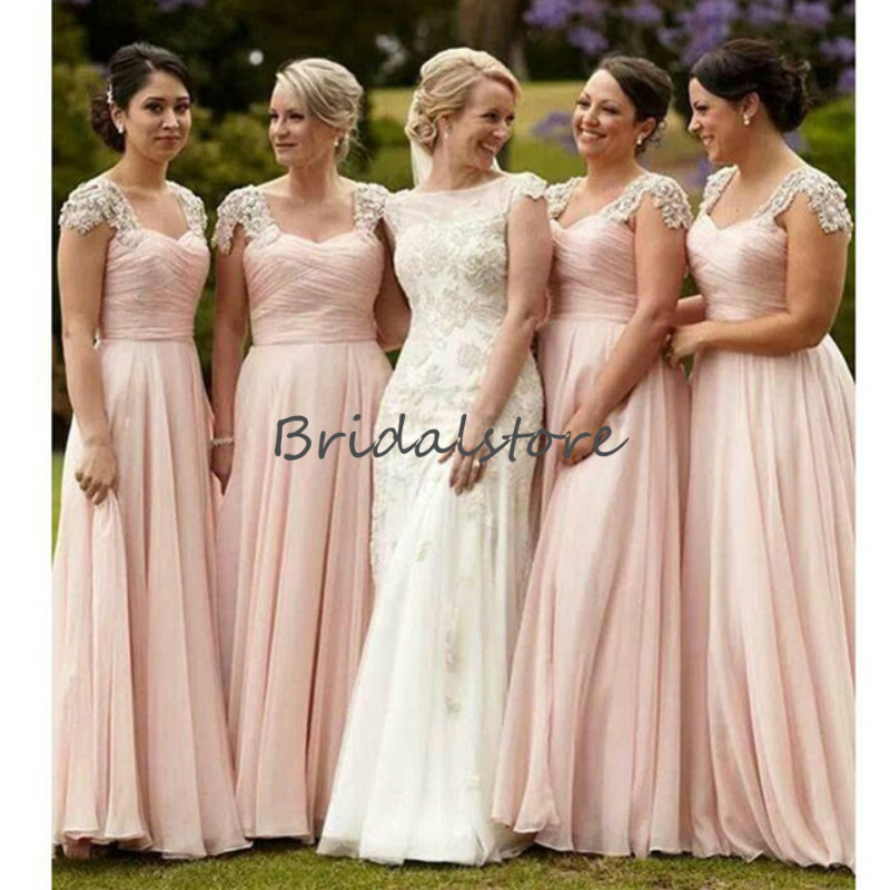 Country Dusty Rose Bridesmaid Dresses Cap Sleeves Floor Length Chiffon Backless Long Beaded lace Prom Gowns Robes de demoiselles d'honneur
