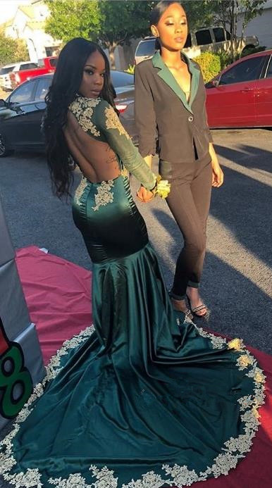 Dark Green Mermaid Prom Dresses V Neck Backless Formal Evening Gowns Long Sleeves Saudi African Party Gowns Plus Size