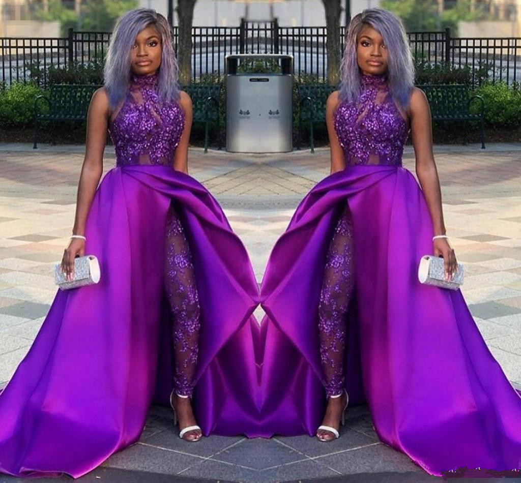 2020 Classic Purple Jumpsuits Prom Dresses With Detachable Train High Neck Lace Appliqued Bead Evening Gowns African Party Women Pant Suits от DHgate WW