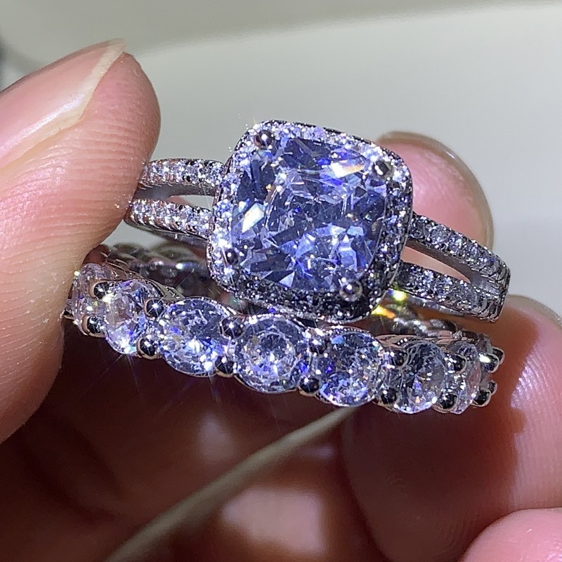 Sterg Sier Couple Rings: Dia Cut Wedding Ring Bridal Set