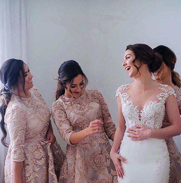 Half Sleeves Bridesmaid Dresses High Low Lace Maid of Honor Gown Floor Length Wedding Party Dress Plus Size