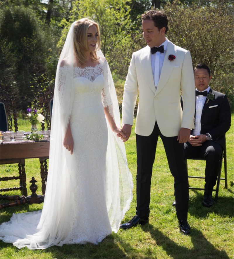 Lace Elegant Mermaid Wedding Dresses Bateau Neck Long Sleeves Bridal Gowns Sweep Train Trumpet Robe De Marie