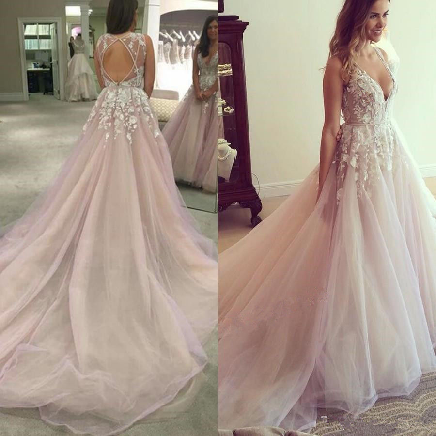 Sexy A-Line Wedding Dresses Pink Tulle Lace Deep V Neck White Applique Beaded Backless Court Train Ruffled robe de mariee vestidos de novia