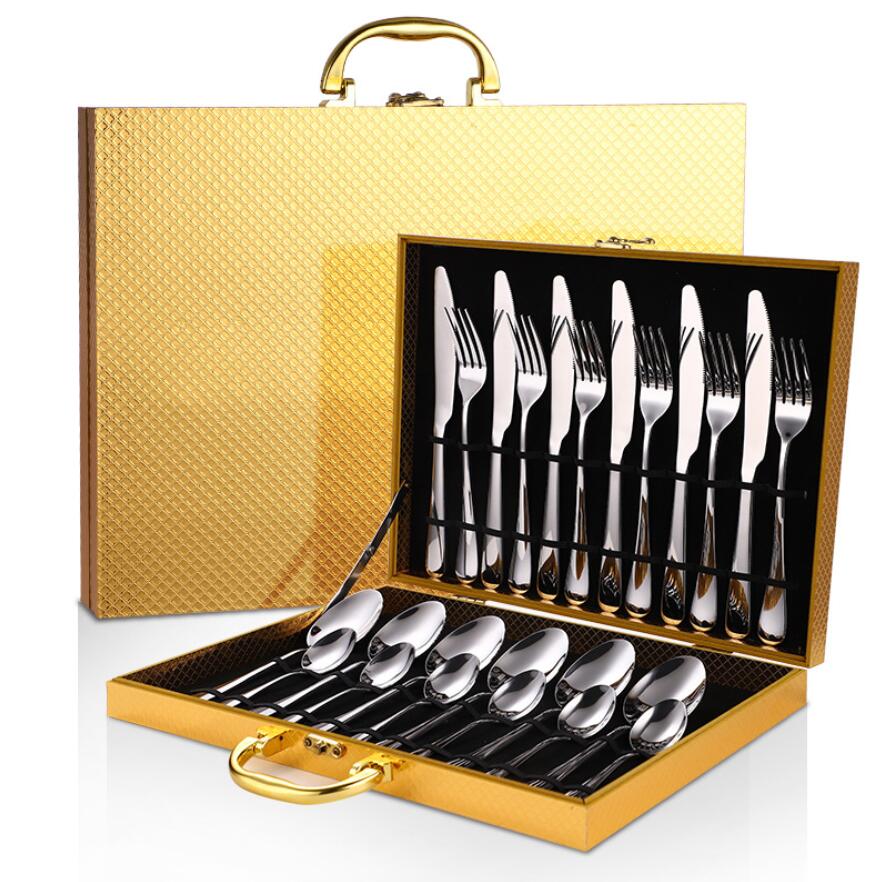 

Luxury Stainless Steel Cutlery 24pcs/set Flatware gold color fork knife spoon Kitchen Tableware Dinnerware Cutlery set Wood Gift Box