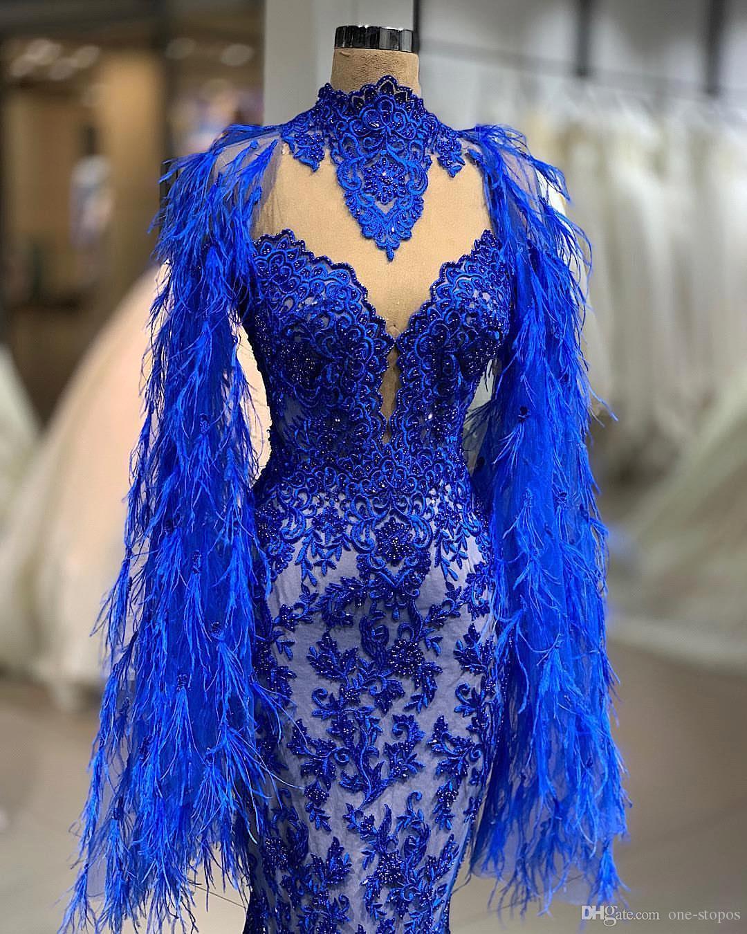 2019 Royal Blue Prom Dress Lace Appliqued Pearls Feather Sparkly Mermaid Evening Gowns Party Wear Sexy African High Neck Pageant Dresses